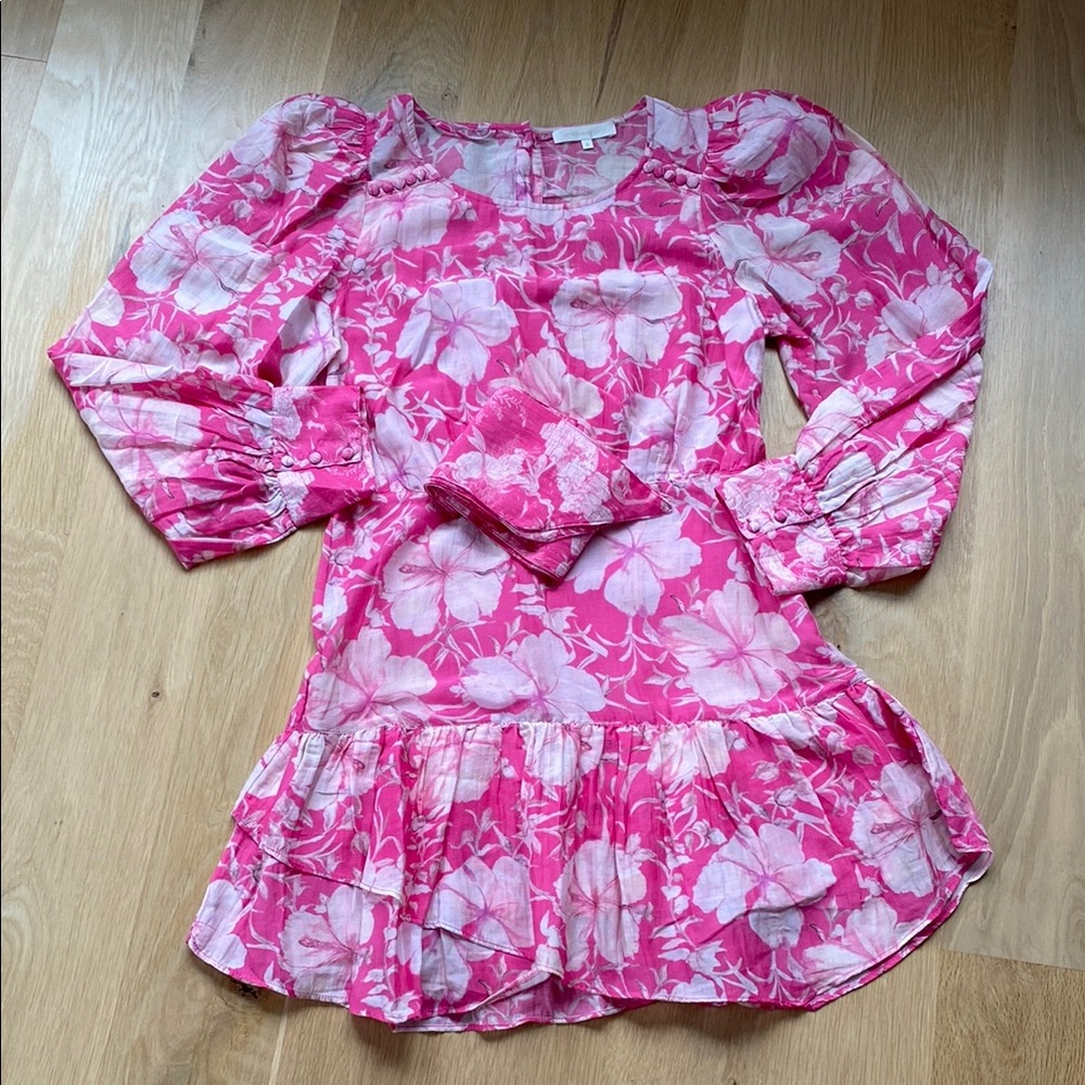 Love Shack Fancy Pink Floral Long Sleeve Dress. Waist wrap